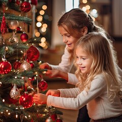 Children at Christmas with presents and Christmas tree