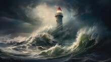  A Painting Of A Lighthouse In The Middle Of A Large Body Of Water With A Stormy Sky In The Background.  Generative Ai