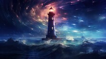 A Painting Of A Lighthouse In The Middle Of A Body Of Water With A Sky Full Of Stars In The Background.  Generative Ai