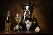 Boston Terrier drinking champagne on New Year's Eve party. Generative AI. Generative AI