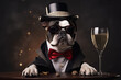 Boston Terrier drinking champagne on New Year's Eve party. Generative AI. Generative AI