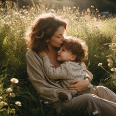 Wall Mural - Mother hugging child outside  in the sun