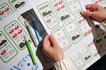 UX mobile application wireframe. Sketch, prototype, framework, layout future app design project. UI/UX - user interface and user experience designer. Creative concept for smartphone. App development