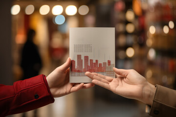 Poster - a hand holds a graph featuring a percentage, signifying special offers within shopping department st