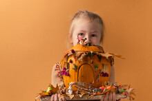 Cute Little Girl Holding Handmade Pumpkin House Decorated With Fallen Leaves, Flowers And Miniature Animals On The Orange Background. Autumn Background For Halloween Holiday