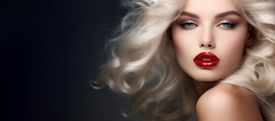 Poster - Stunning blonde woman with perfect make up on dark background. Hair cosmetics salon banner