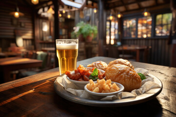 Canvas Print - A traditional Australian pub serving up cold beers and meat pies for Australia Day revelers. Concept of pub culture and refreshment. Generative Ai.