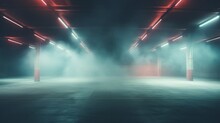 Empty Parking Garage Background With Dappled Light Streaking Across The Floor And Walls, Muted Cyan And Red Tones, Cyc, Empty, Fog, Smoke, Abstract