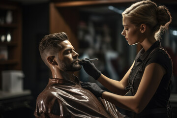 Sticker - A barber demonstrating shaving techniques on a mannequin, illustrating the art of grooming. Concept of barber training and skill development. Generative Ai.