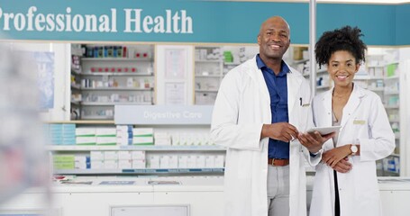 Poster - People, pharmacy and tablet for store teamwork, online planning and collaboration of medical or store management. Face of professional health manager, pharmacist woman or doctors for digital research