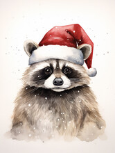 A Minimal Watercolor Portrait Of A Raccoon Dressed Like Santa Claus