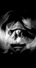 A Woman With Long Hair And A Veil On Her Head Stands Against An Ornamental Background, Black And White Photo, Gothic Art. Generative AI