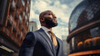 © goami - young african american businessman standing at city skyscrapers background and looking in future, entrepreneur planning business