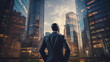 © goami - young african american businessman standing at city skyscrapers background and looking in future, entrepreneur planning business