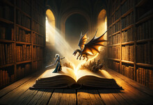 An Ancient Book On A Wooden Table Springs To Life With A Knight And Dragon Leaping From The Pages, Shadowed By Magic