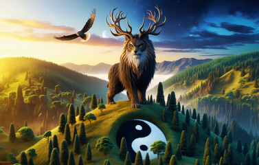 A mythical creature with stag antlers, owl eyes and lion's body stands in a symbolic, twilight landscape.