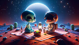 Playful alien and curious astronaut share a picnic on an alien planet, highlighting unexpected companionship in a futuristic setting.