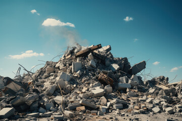 Poster - The rubble of a damaged building, a stark reminder of the destruction caused by the conflict. Generative Ai.