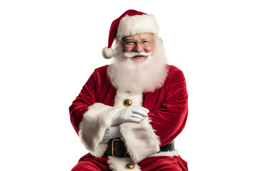 Smiling Santa Claus (PNG) wearing red winter suite with Santa hat isolated on a transparent background, AI