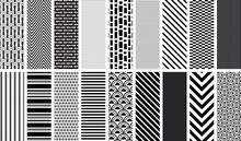 Black And White Seamless Pattern Set. 18 Repeating Patterns For Fabric, Apparel, Backgrounds, Borders, Wallpaper, Scrapbooking, Paper, And More. EPS File Has Global Colors For Easy Color Changes.