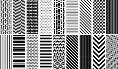 Black and white seamless pattern set. 18 repeating patterns for fabric, apparel, backgrounds, borders, wallpaper, scrapbooking, paper, and more. EPS file has global colors for easy color changes.