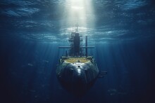 Large Military Submarine Sails Underwater. Navy