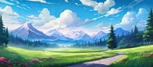 In The Beautiful Summer Sky Against A Breathtaking Mountain Landscape A Road Disappears Into The Distance Lined With Vibrant Green Trees And Fluffy White Clouds This Stunning View Creates T