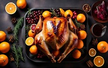 Thanksgiving Day Whole Roast Turkey And Oranges On Dark Background, Flat Lay With Copyspace, Top View, Fall Food Cooking Thanksgiving  Created With Generative Ai
