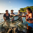 © mindstorm - lifestyle Hukilau hawaii line of people hauling fish net from sea.