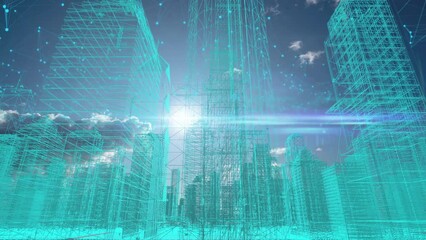 Poster - Futuristic city skyline, artificial intelligence, internet of things, aerial view of future city, holographic city. interweaving of lines and dots, video loop, 4k video, beautiful time lapse