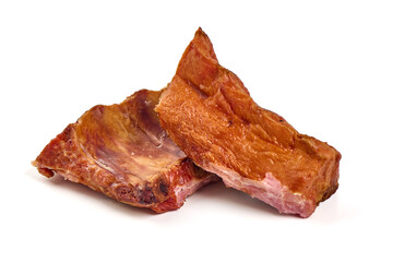 Wall Mural - Smoked pork ribs, close-up, isolated on white background.