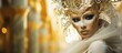 A woman with a gold painted face and a white artfully designed carnival costume stands against a luxurious background at a Halloween party in Italy where the concept of beauty and celebrati
