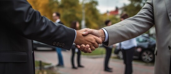 two business people shaking hands closely, after successful partnership negotiations.