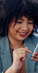 Fototapete - Business, woman and phone with smile for scroll, social media or internet search in corporate office. Professional, person or employee with smartphone for communication, networking or online at work