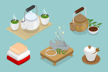 3D Isometric Flat Vector Illustration Of Chinese Tea, Hot Herbal Beverage