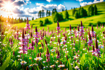 Wall Mural - beautiful natural landscape there are many blue flowers in the grass. generative ai