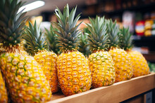 Fresh Pineapples In Supermarket Shelves. Close Up Shot