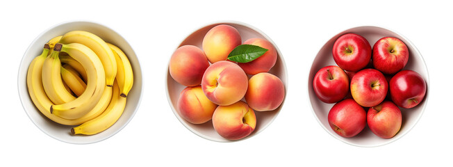 Top view of bananas, peaches and apples in bowls over isolated transparent background