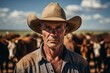 Old cowboy on the farm. Portrait with selective focus and copy space