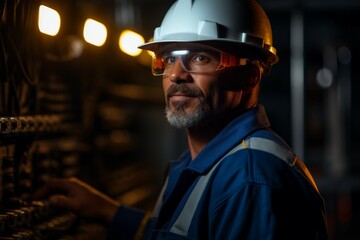 Wall Mural - Professional electrical engineer. Portrait with selective focus and copy space