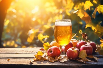 a refreshing glass of cider basking in the sunlight with an arrangement of freshly harvested apples 