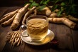 The warmth of a steaming Ginseng tea cup amidst the natural freshness of ginseng roots and tea leaves
