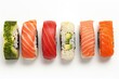 Delicious sushi / maki rolls on white background.