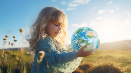 a little girl hold a realistic earth globe in the green meadow with blue sky background, long shot view, low angle view, long blonde hair, white long dress, dreamy morning light