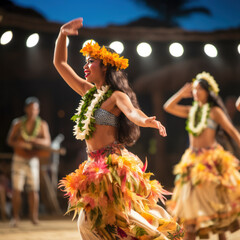 women hula dancers in hawaii on stage.