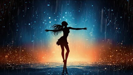 Wall Mural - Seamless loop animation. grunge silhouette, Woman dancing. Form of rain drops in the night beautiful wallpaper illustration night. Created using Generative AI Technology