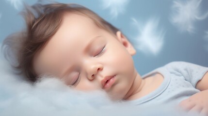 Wall Mural - Portrait of a baby boy sleeps tight against pastel background with space for text, AI generated, background image