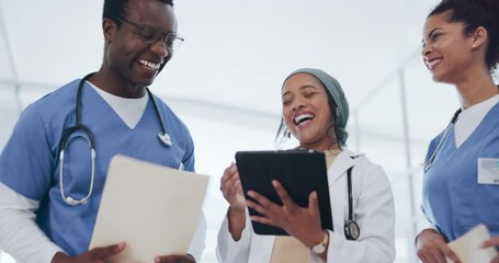 Poster - Doctors, tablet or high five in success, celebration or collaboration in hospital diversity, surgery result or teamwork. Happy smile, islamic or healthcare worker technology in winner hands gesture
