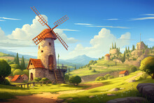 Illustration Of A View Of A Windmill Village