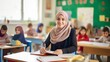 © NovaVision - Muslim Female Teacher Smiling in Classroom Setting. Generative ai